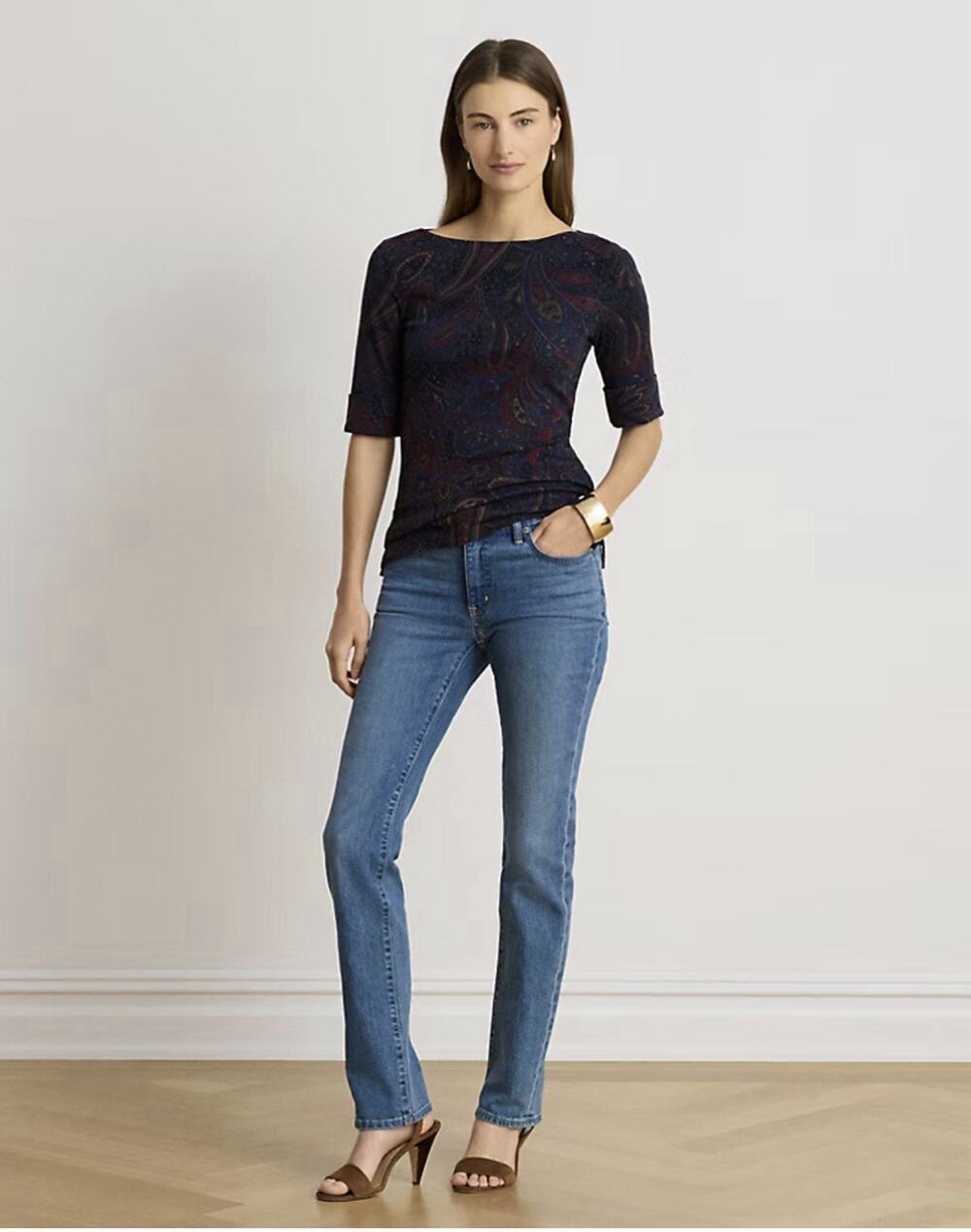 LAUREN RALPH LAUREN Paisley Stretch Cotton Boatneck Tee Petite Large